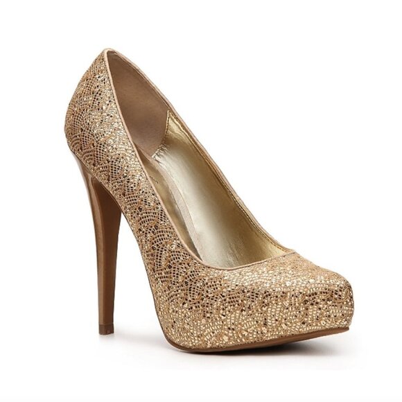 Carlos by Carlos Santana Gold Love Glitter Platform Pumps, Size 8M - Picture 1 of 13